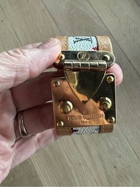 Louis Vuitton Gold-Tone Lock Bracelet with Beige & Tan Canvas